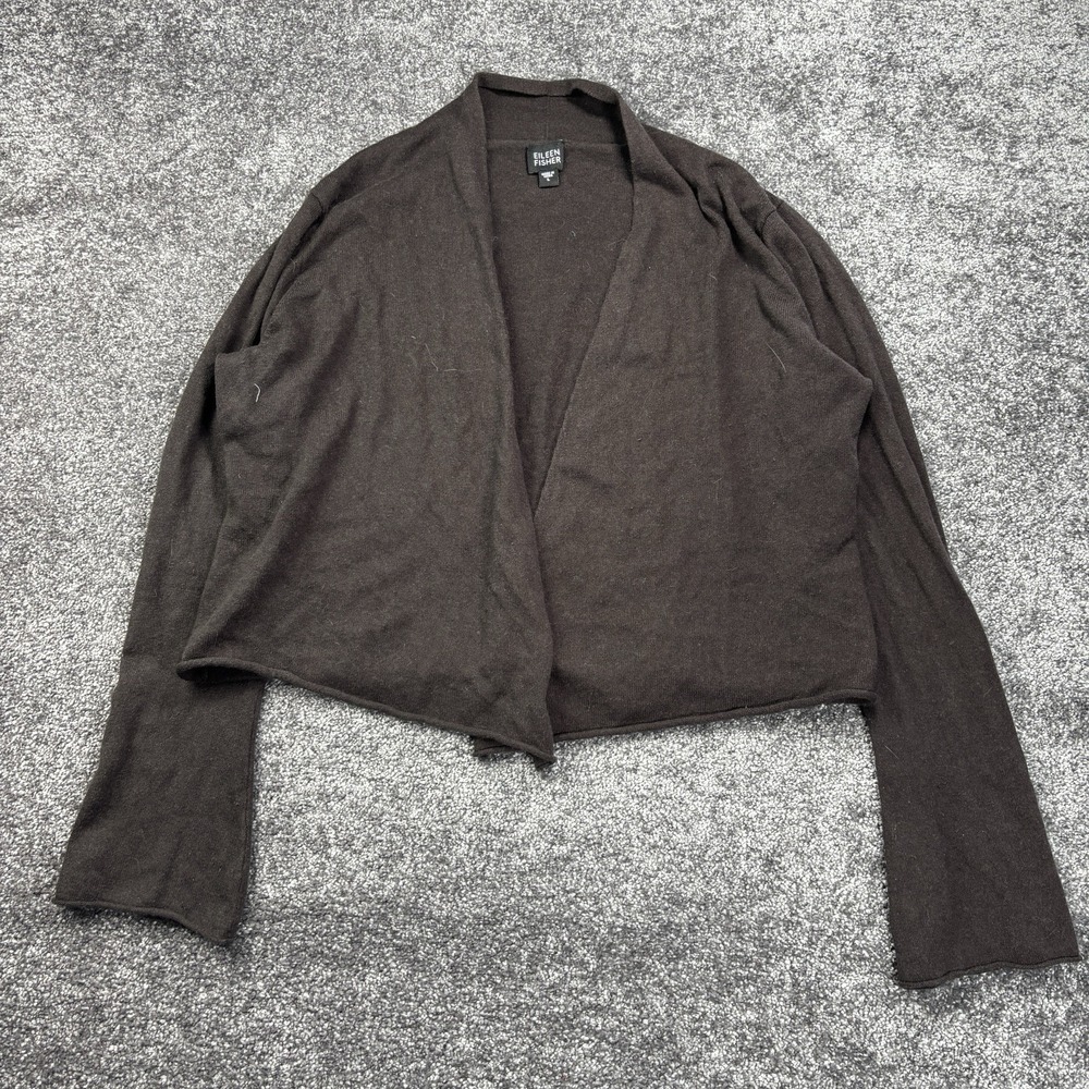 Eileen Fisher Open Front Cardigan Sweater Womens Large Brown Silk Cashmere‎ Knit